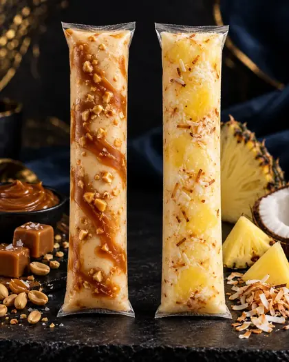 Dos helados gourmet en bolsita: caramelo salado con maní y piña con coco tostado