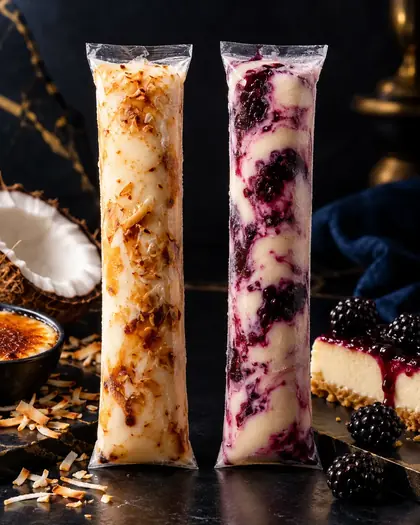 Dos helados gourmet en bolsita: coco tostado y tarta de queso con mora