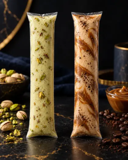 Dos helados gourmet en bolsita: pistacho y capuchino con dulce de leche