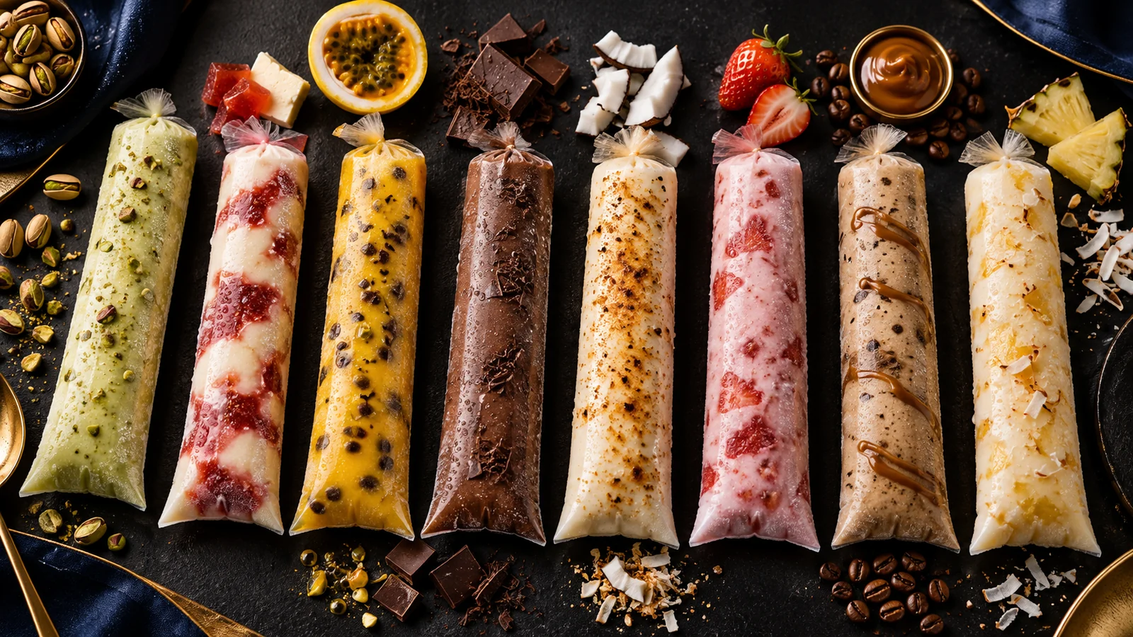 Colección de ocho sabores de helados gourmet en bolsitas transparentes